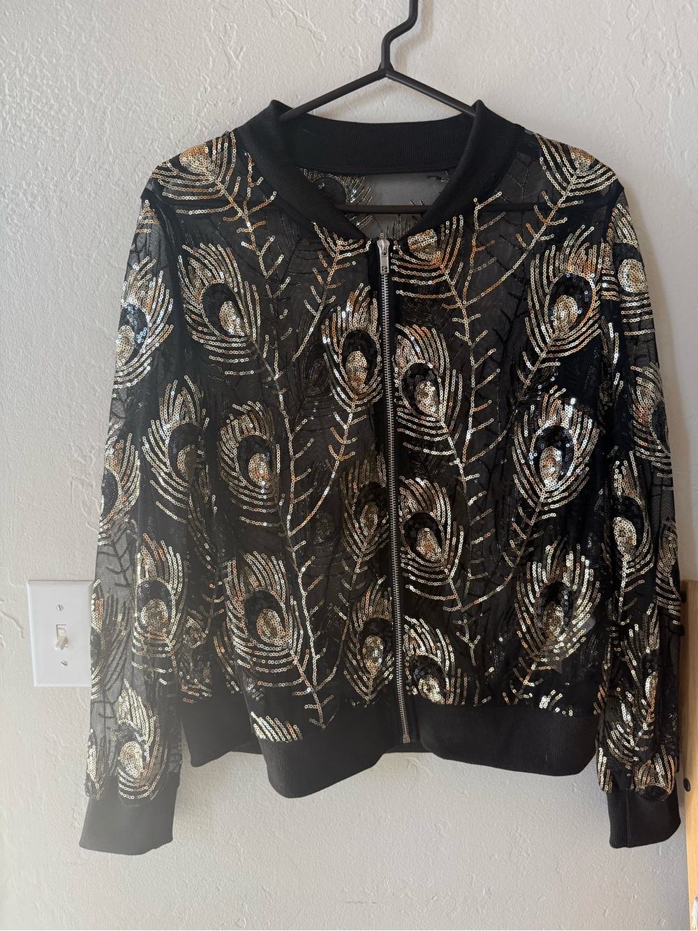 SHEIN Black Bomber Jacket with Gold Sequin Peacock Design